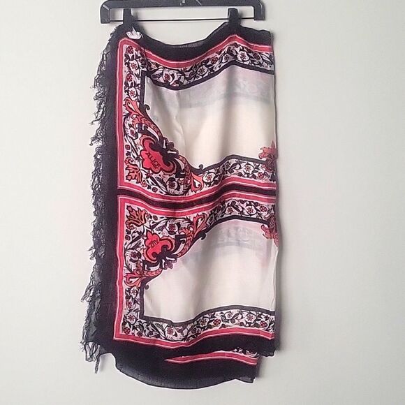 Alice Temperley  Nijinsky Wool Scarf Red Black Fringe Boho Floral Paisley Sarong - Picture 1 of 8